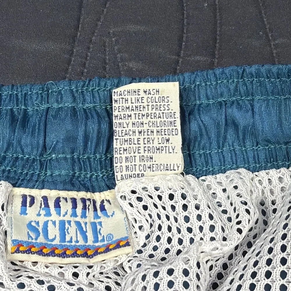 Vtg. Pacific Scene Men's Nylon Swim Trunks Shorts Teal Blue Mesh Lined NOS Sz. M
